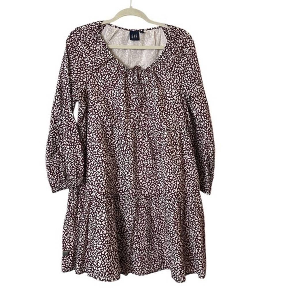 NWOT GAP light cotton tie-neck tiered L/S mini dress, burgundy / cream print, M